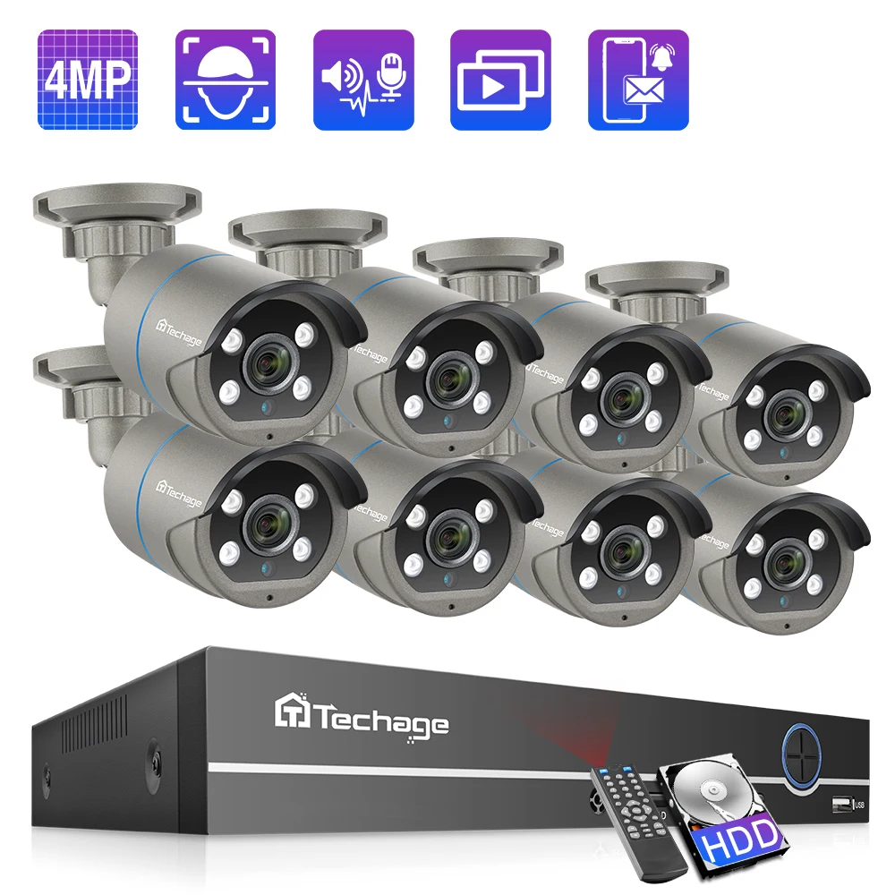 Techage-Sistema de videovigilancia de seguridad, Kit de cámara NVR de 8 canales, 4MP, POE, Audio bidireccional, detección facial, corte IR