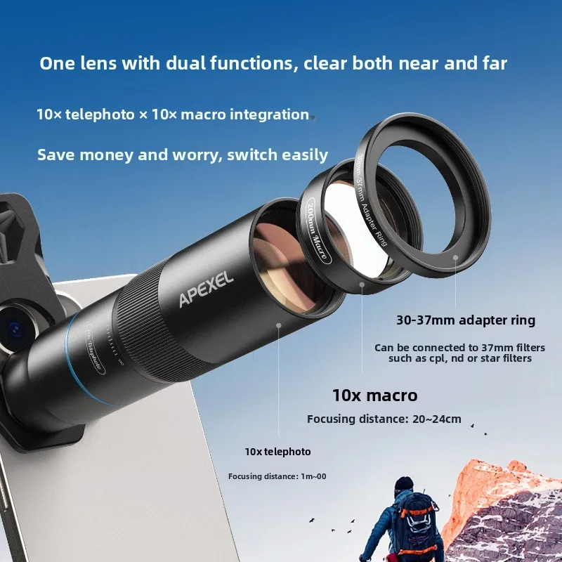 Concert fishing shooting 10x no distortion external telescope telephoto macro 2-in-1 mobile phone lens