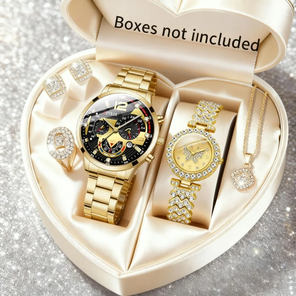 Fashion Couple Watches 6pcs Set, Luxury Women's Quartz Watch & Jewelry Set Ladies Necklaces, Rings, Earrings, Elegant Watches