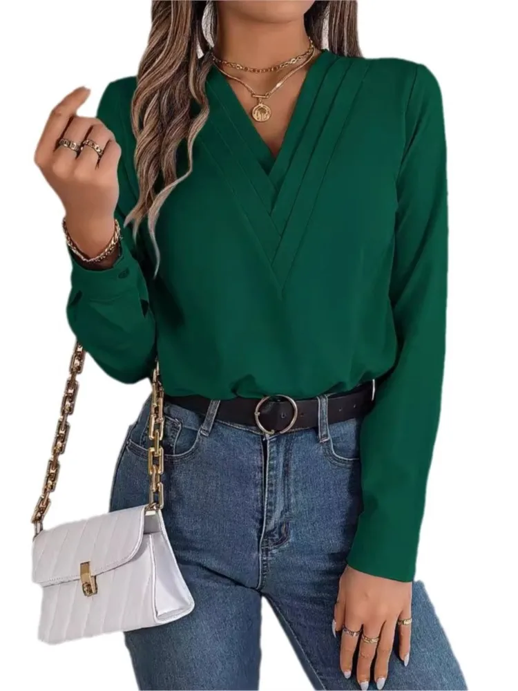 Tops y blusas informales para mujer, camisa elegante de manga larga con cuello en V apilado de Color sólido para mujer, camisas blancas de otoño e invierno