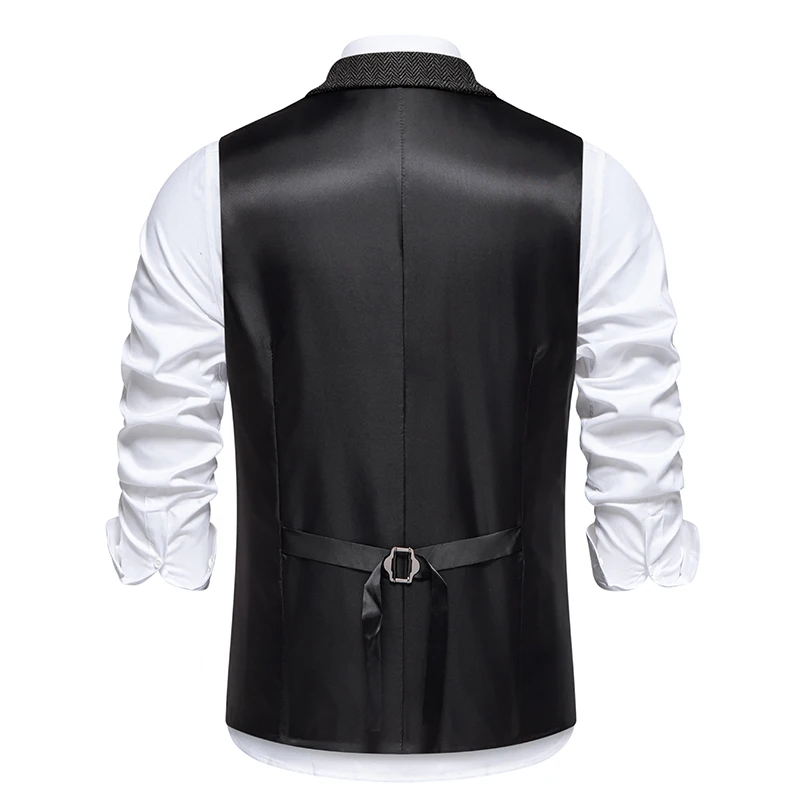 Autumn Men's Lapel Multi-Pockets Vest Fashion Herringbone Coarse Tweed Suit Vest British Casual Vintage Gentleman Leisure Party