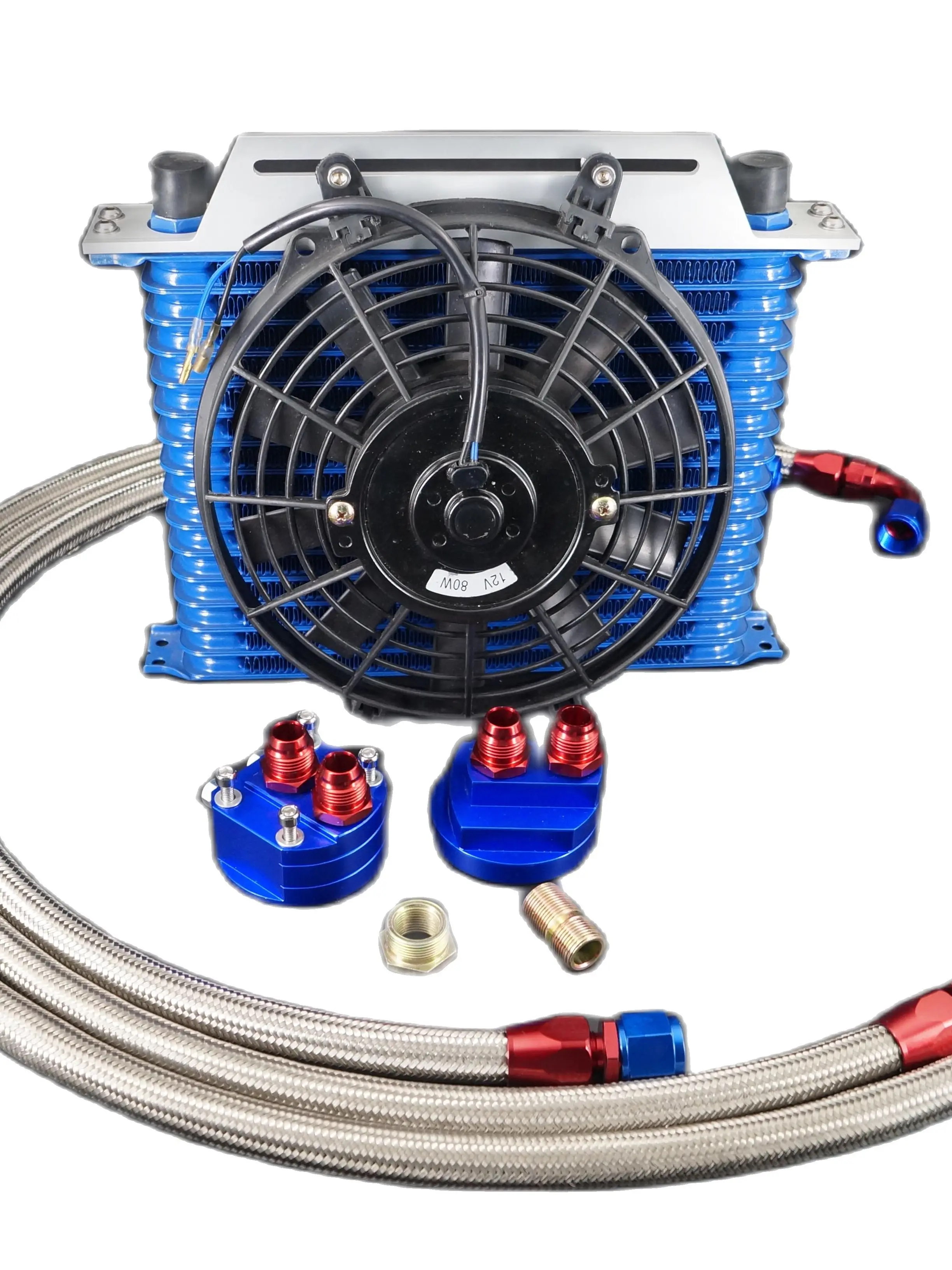 14 Rows10 AN Oil Cooler Kit Blue + STAINLESS STEEL OIL HOSE + BRACKET + FAN