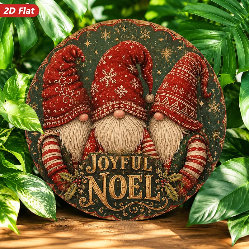 2D Flat, 1pc Christmas Gnome Trio Round Metal Sign Wall Art, Home Decor, Three Red Gnomes, Joyful Noel Text, Snowflake Hats, Str