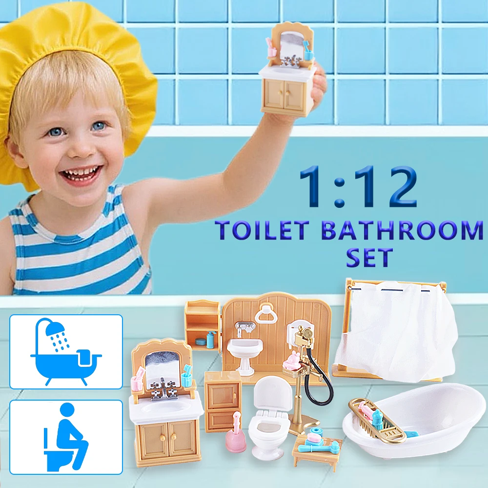 SENGTONGLE-T03 ensemble de salle de bain maison de poupée meubles miniatures baignoire semblant jouer maison de poupée accessoires pour garçon fille cadeaux