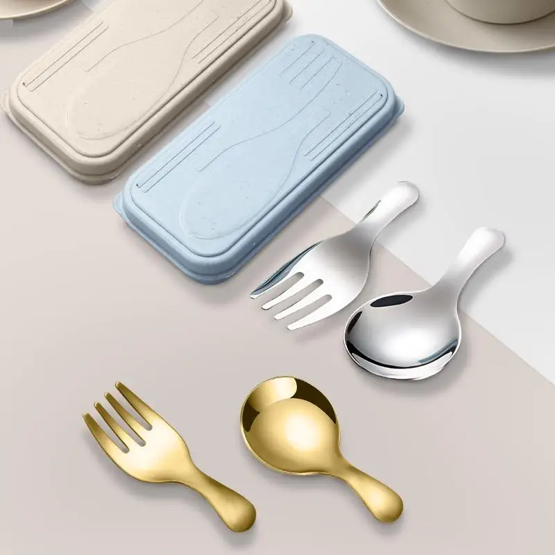 Stainless Steel Tableware Set Spoon Fork 2Pc Portable With Box Outdoor Camping Cutlery Lunch Hiking Camp Cooking Travel Flatware