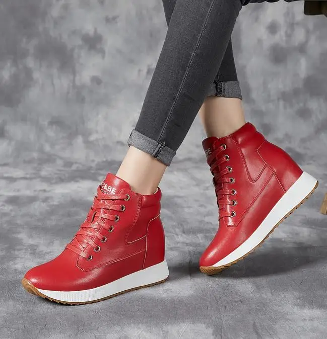 7CM Genuine Leather Women Ankle Booties Platform Wedge Hidden Heels Warm Women Winter Autumn Spring Casual Chunky Sneaker Shoes - view 5