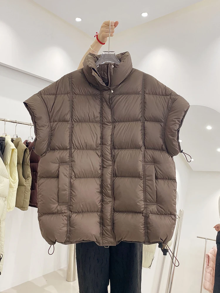 Basic Women Gray 90% white duck down jacket Turtleneck Sleeveless vest Fall winter Oversize waistcoat Warm 2024 INEKO 3O310