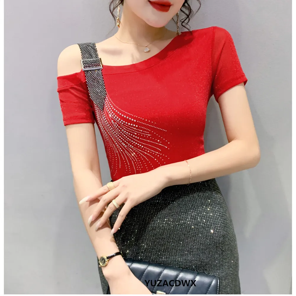 New 2024 Spring Long Sleeved Sexy Off The Shoulder Women's T-Shirt Elegant Slim Hot Drilling Mesh Tops autumn y2k clothes