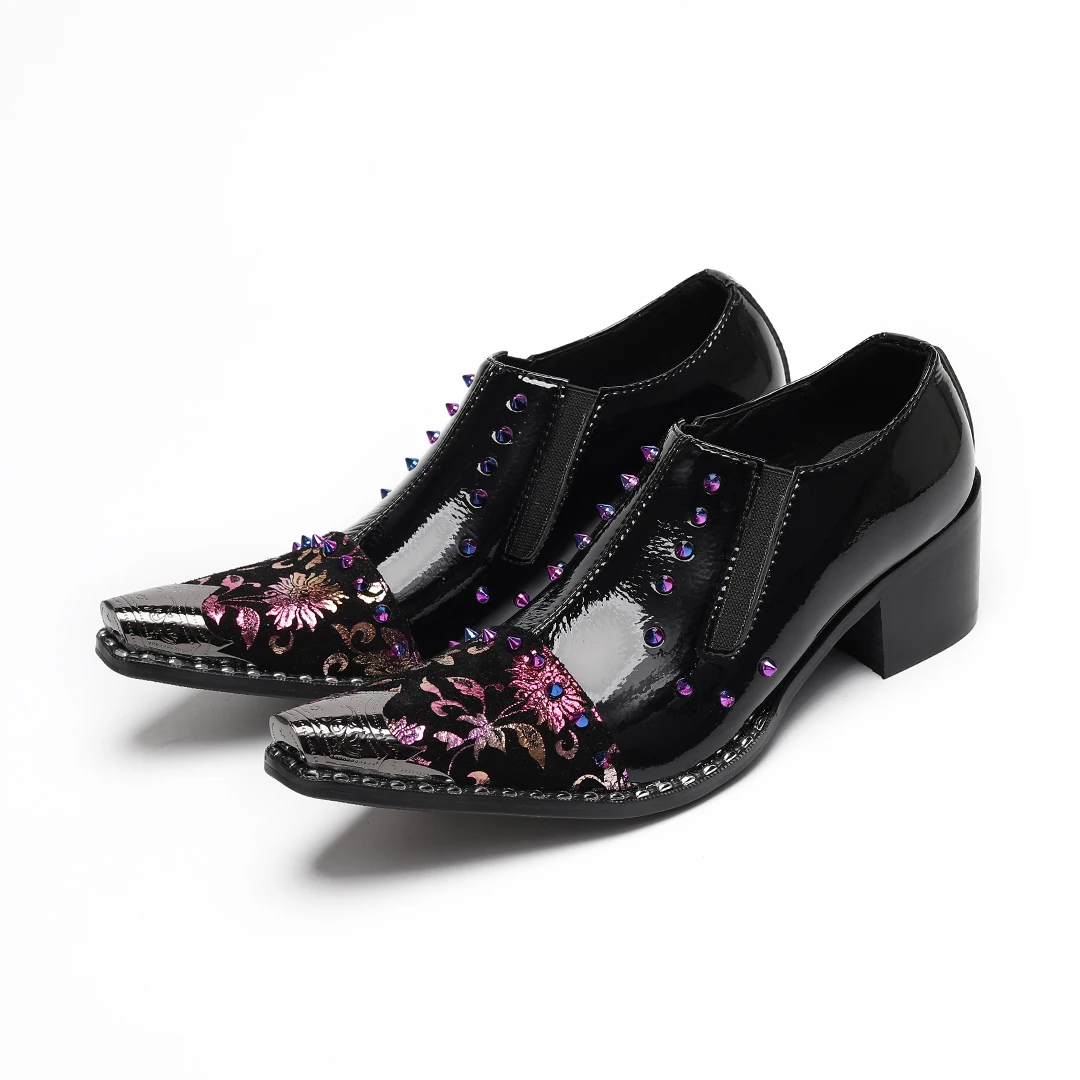 

Punk Metal Pointed Toe Genuine Leather Shoes for Men Black Formal Shoes Footwear Rivets Nightclub Party Celebration Dress Shoes