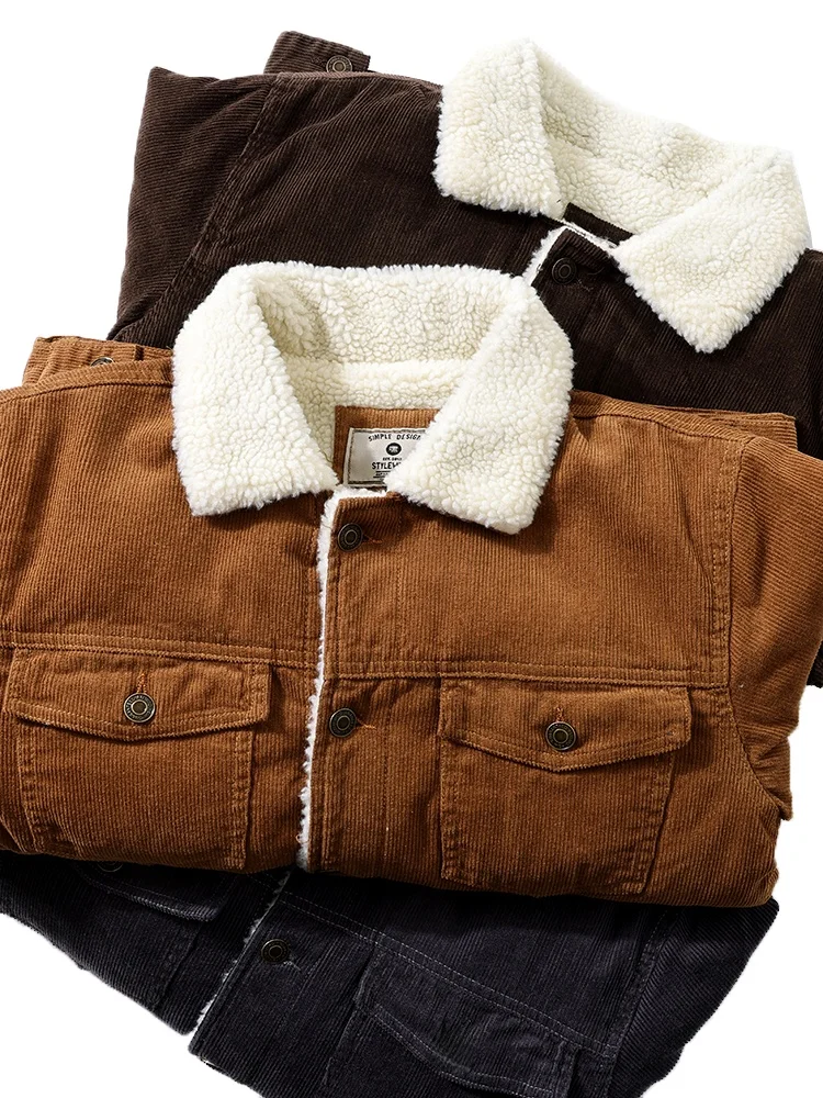 

Утепленная флисовая куртка из вельвета с ретро-дизайном, на подкладке из овечьего бархата, с отложным воротником, хлопковая рабочая куртка-жакет для мужчин