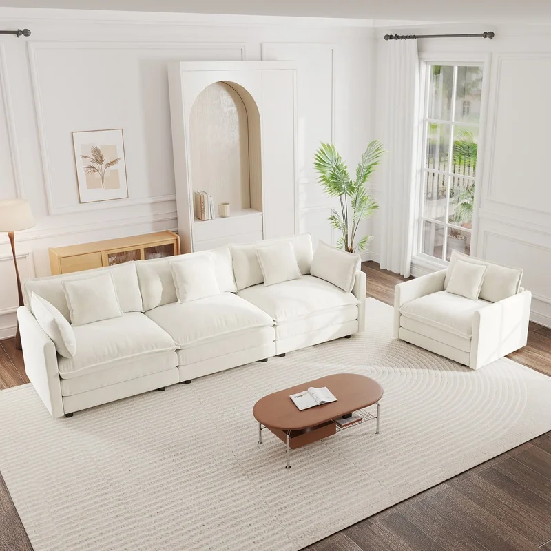 

3-Piece Modern White Upholstered Sofa Set with Deep Seat for Living Room Apartment