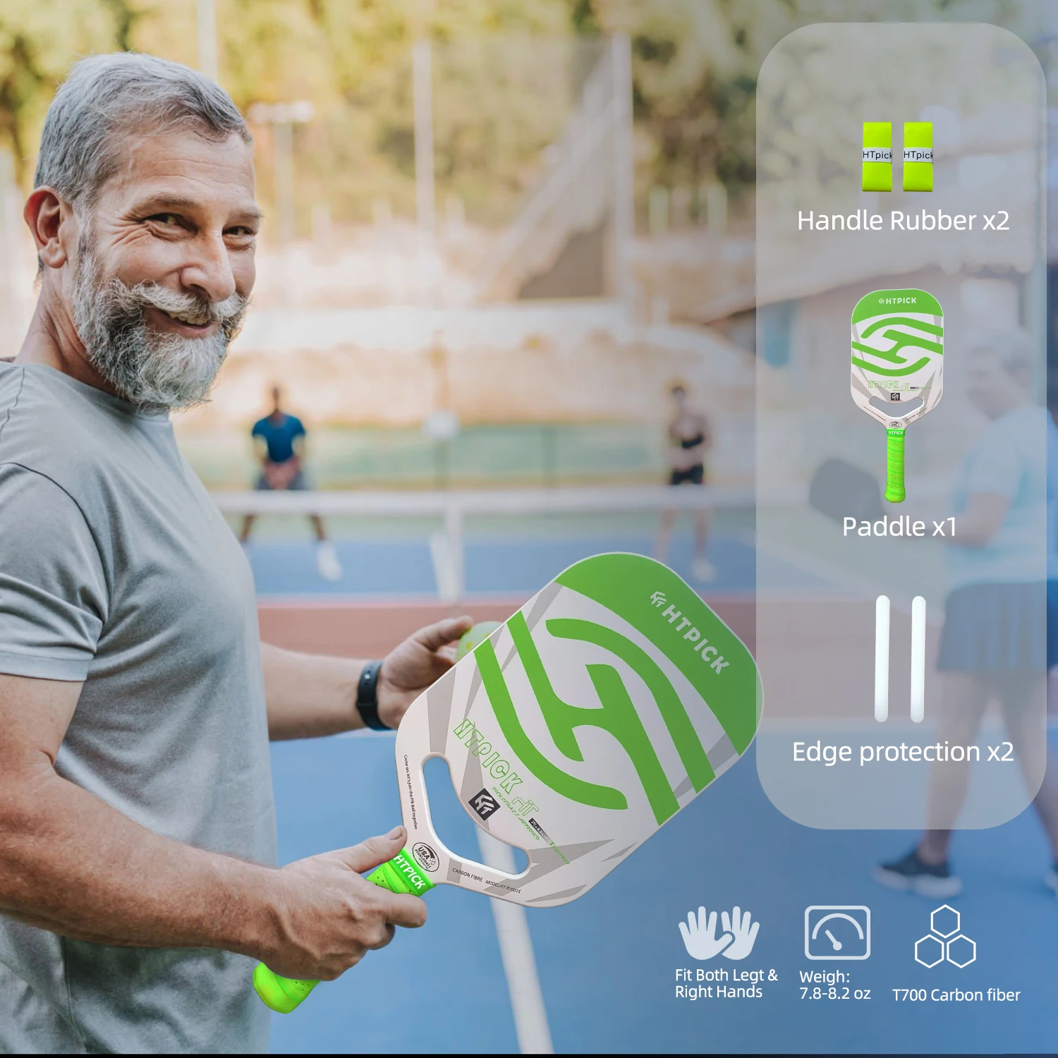 

HTPICK Professional T700 Carbon Fiber Pickleball Paddle, Thermoformed 14mm Honeycomb Core, Anti-Slip Friction Surface, Green
