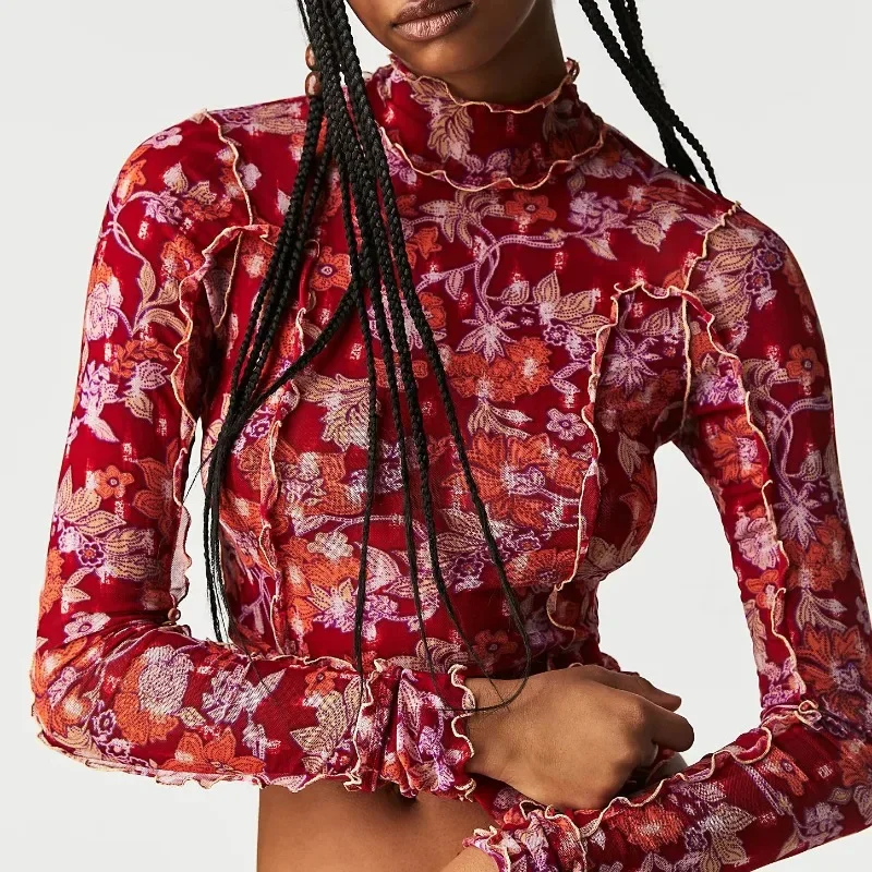 Printed Flower Slim T-shirt Women Chic Fungus Edge High Collar 2024 Spring Skinny T-shirts Female Long Sleeve Fashion Tops YDL18