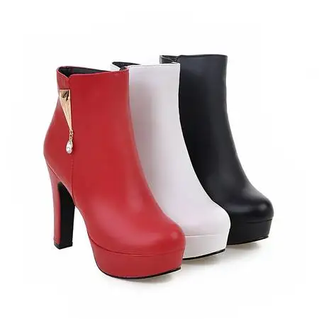 New Sexy Womens Ankle Boots Platform High Heels Boots Zipper Round Toe Winter Ladies Boots Black White Red Woman Plus-size 42 43