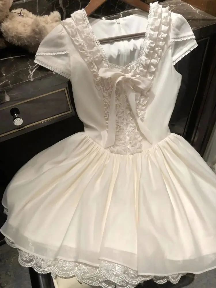 

Летнее французское элегантное кружевное платье с бантом 2026 года, женское, с завышенной талией, белое мини-платье в стиле принцессы, милое, корейское, шикарное, для вечеринок, новинка
