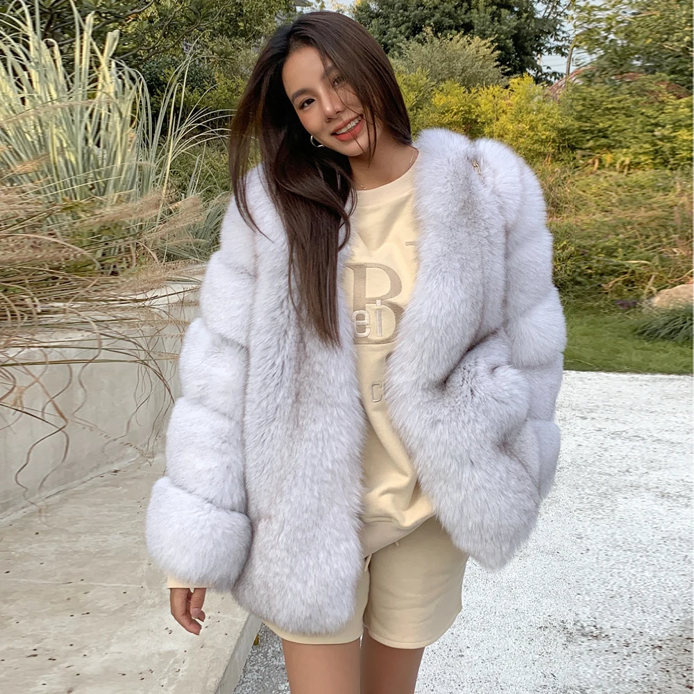 Medium Length Real Fox Fur Jacket V-neck Fashion Natural White Women Real Fox Fur Coats High Quality Genuine Fur Overcoat Luxury