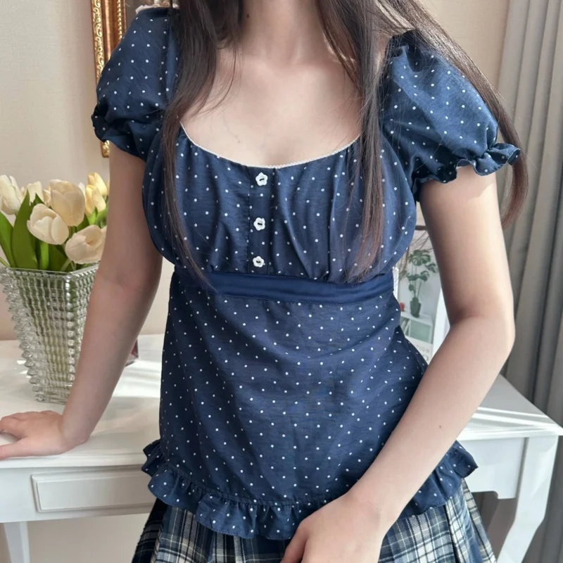 Womens Polka Dots Button Front Tops Puff Sleeve Babydoll Blouse Top Y2K Cute Ruffle Peplum Hem Night Out Shirt Tops