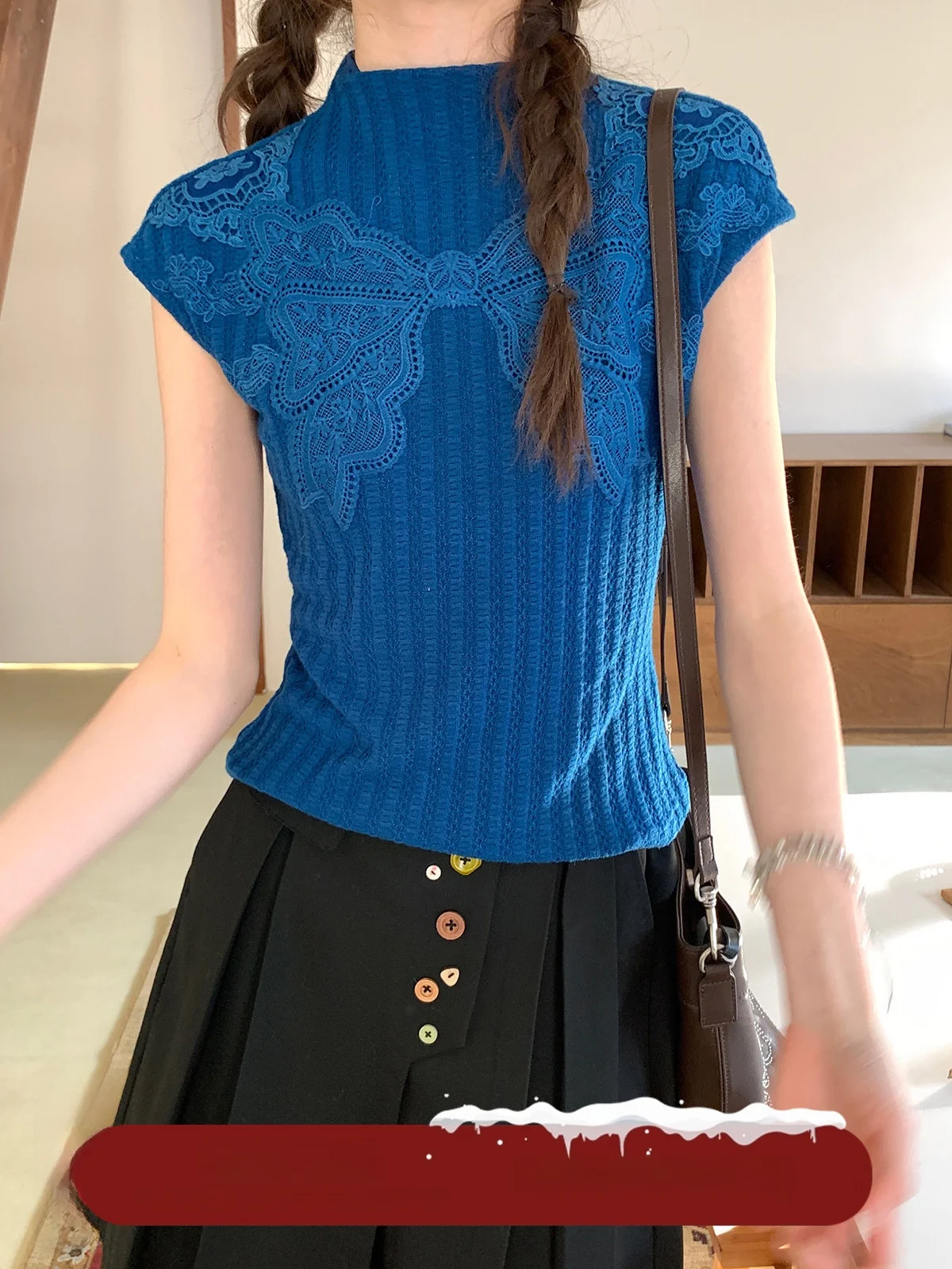 

Blue Embroidery Slim Fit ort Sve T-irt Women's Vintage Sle Unique Commuter Top Cheese Day Korean Series