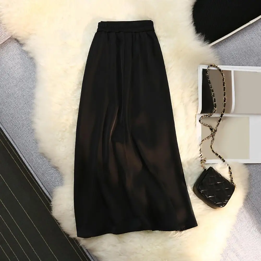 

Women Skirt High Waist Solid Color Satin Skirt Elastic Waist A-Line Mid-Length Casual Skirt for Office Lady Classic Long Skirts