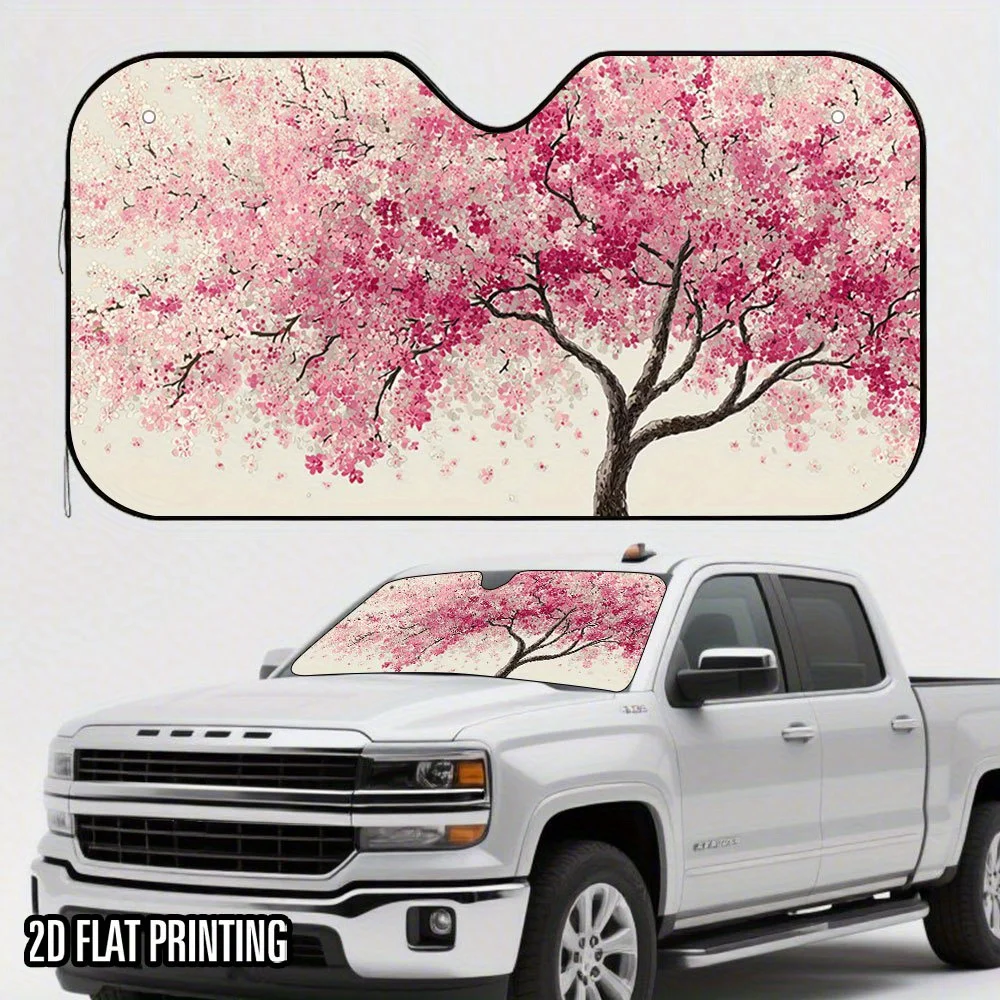 

1pc Pink Cherry Blossom Trees In Full Bloom Car Sunshade - 2D Flat Design, 4 Suction Cups, Foldable & Easy Install, High-Quality