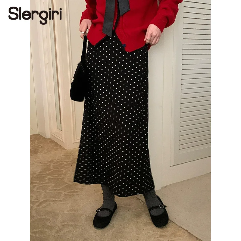 

Slergiri Утягивающая ретро юбка в горошек с высокой талией для женщин, модная новинка 2025 года, осень-зима, элегантная облегающая длинная юбка с разрезом сзади