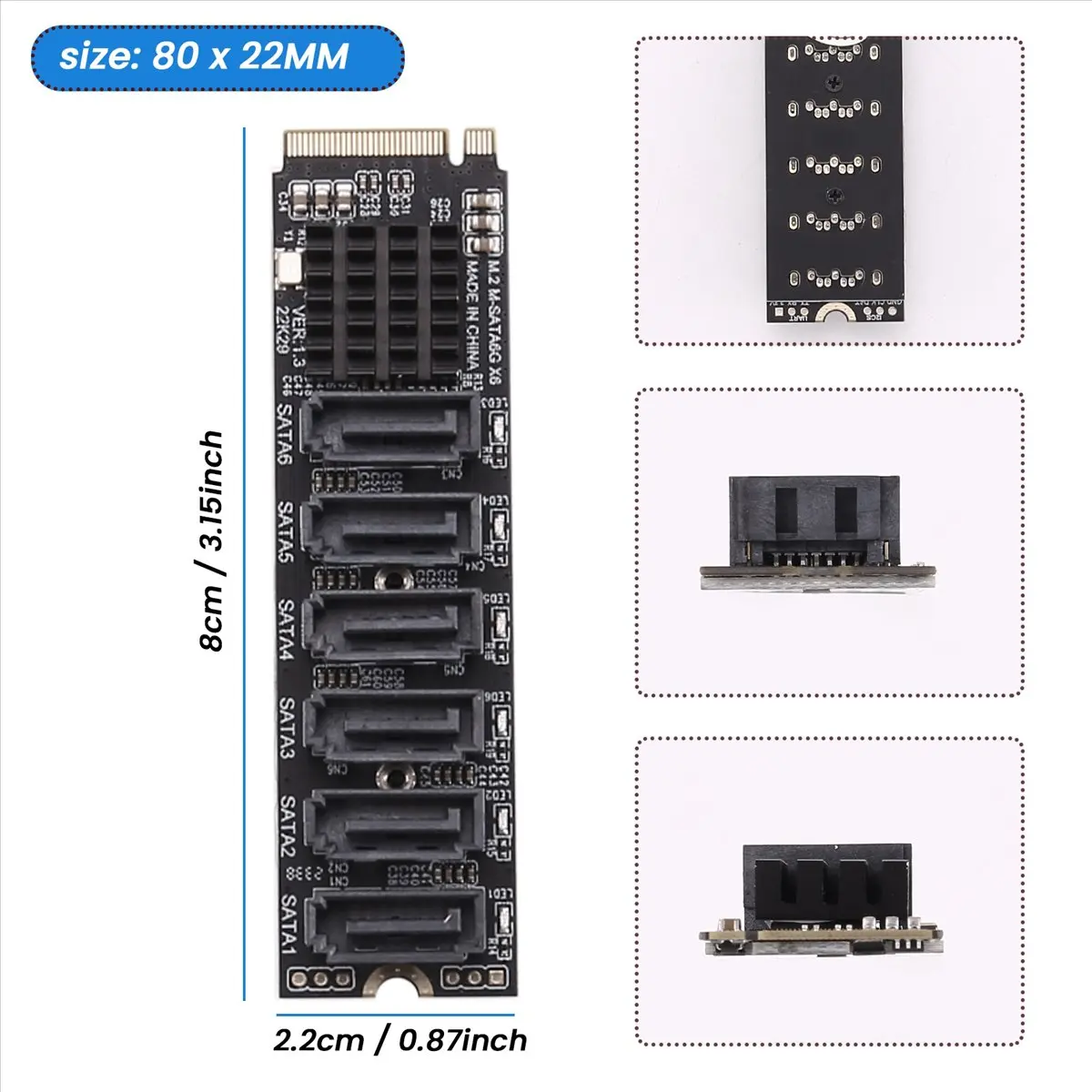 *A23G1205 M.2 MKEY PCI-E Riser Card M.2 NVME to SATA3.0 PCIE to SATA 6Gpbsx6-Port Expansion Card ASM1166 Support PM Function