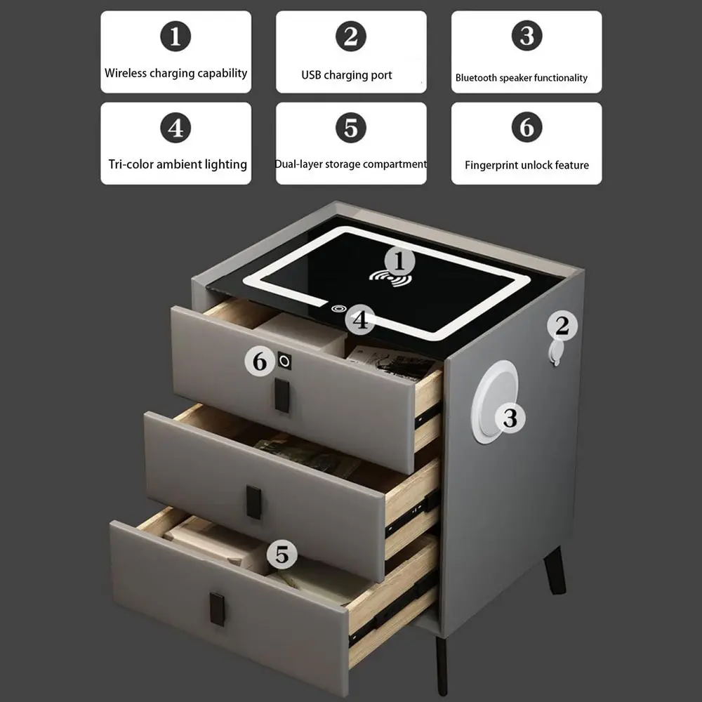 طاولة سرير ذكية مدمجة بإضاءة LED مع شحن، درجين، USB ومكبر صوت، رمادي/وردي/برتقالي/أبيض، 45x40x60 سم
