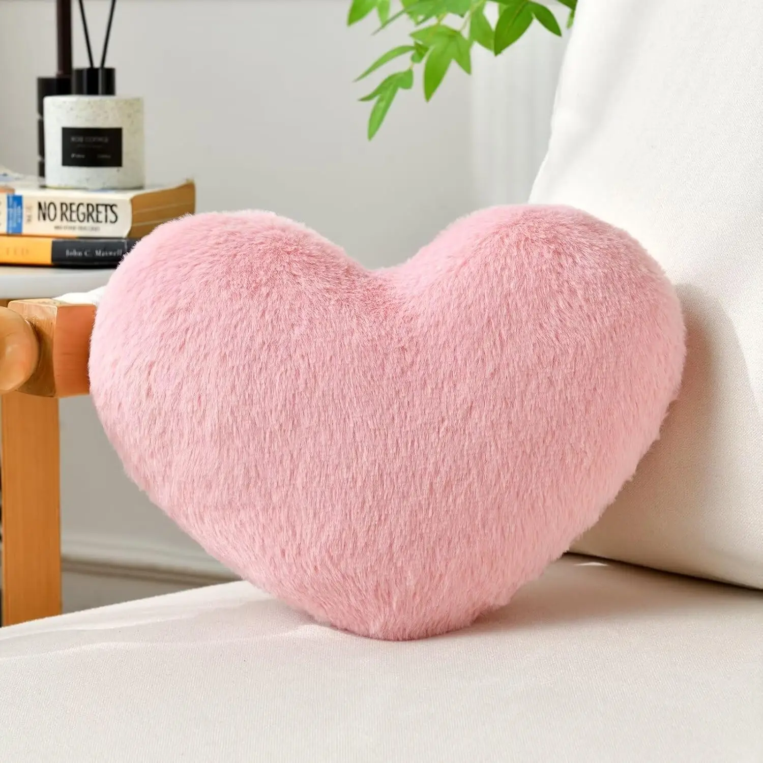 

Cute Pink Heart Pillow with Faux Rabbit Fur, 13x10 Inch Decorative Throw for Bed Couch Home Decor