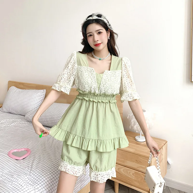 

Summer Sweet Cute Women Pajamas Embroidered Lady Two Piece Set Homewear Female Loose Casual Nightwear Sleepwear