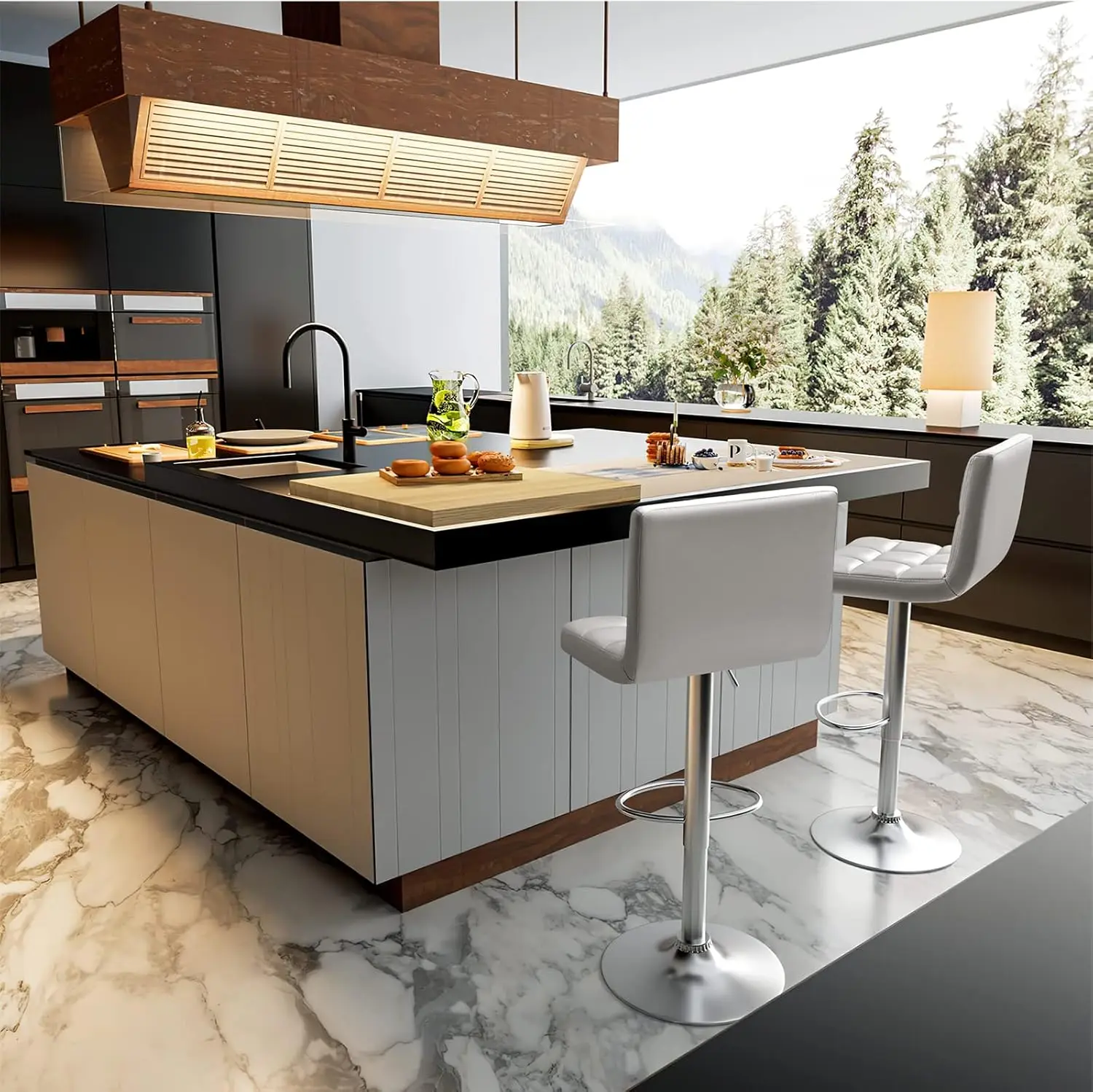 

Bar Stools Modern PU Leather Adjustable Swivel Armless Hydraulic Kitchen Counter Bar Stool with Back Set of 2