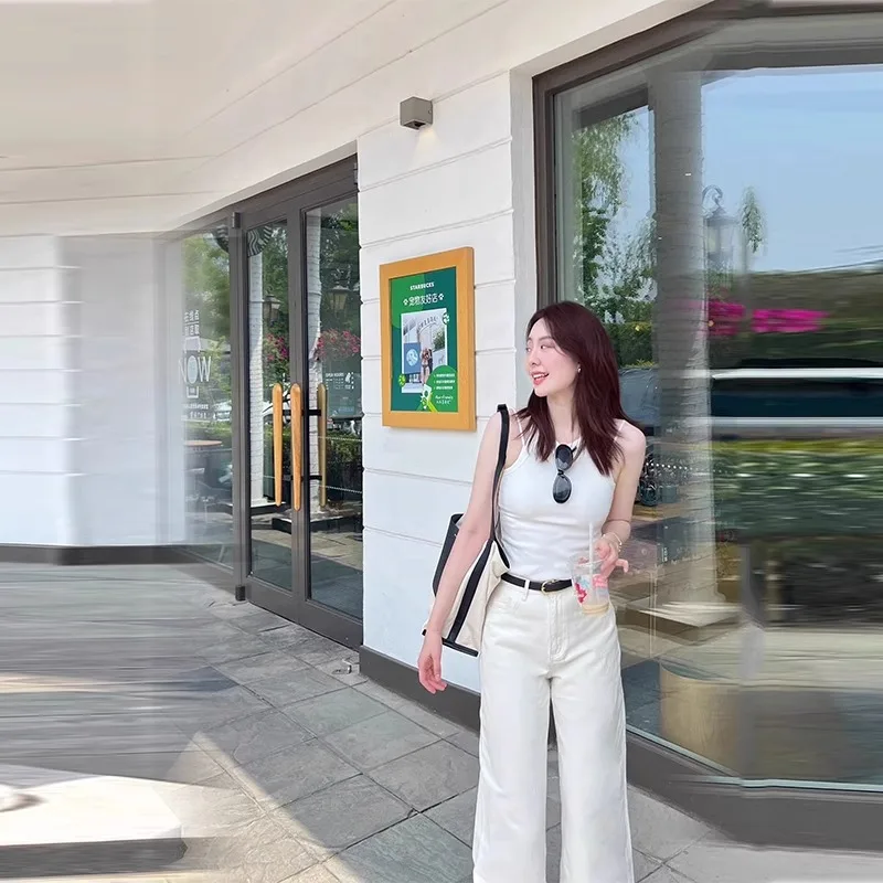 Vaqueros blancos de pierna ancha para mujer, plones hoados de cintura alta, ajustados, sensación avanzada, no transpare...