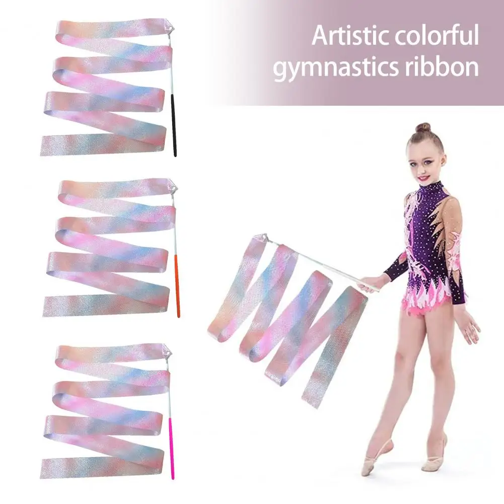 2Pcs Gymnastic Ribbons Sparkling Twirling Ribbons Extra Soft Dance Training Satin Kids Rhythmic Gymnastics Ribbons with Wand 1m