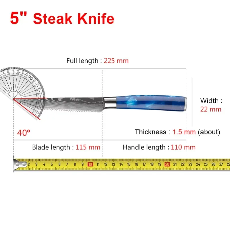 Super Sharp Stainless Steel Laser Damascus Pattern Steak Knife Set Beef Cleaver Multipurpose Restaurant Cutlery Table Knife
