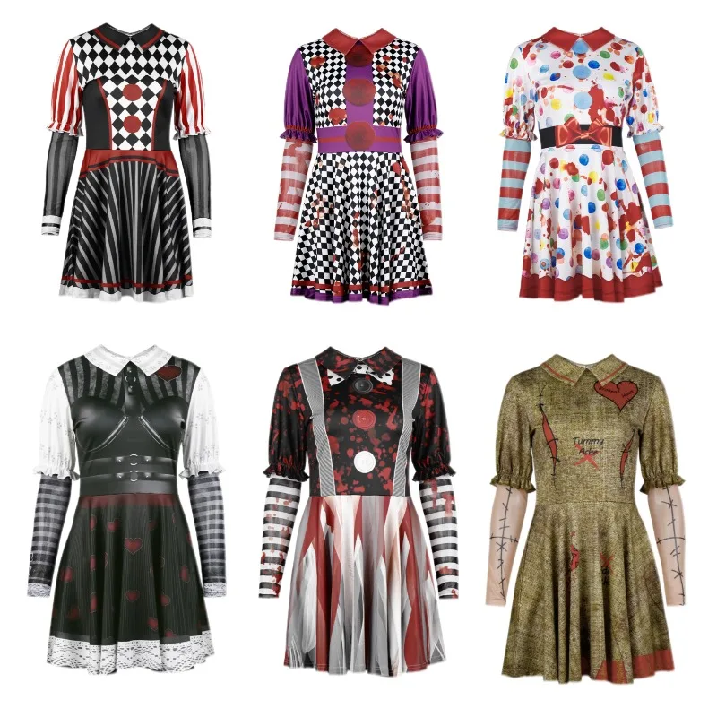 

Women's Clown Costume Dress Halloween Pirate Print Circus Performance Outfit Long Sleeve Fancy Dress Stage Show Carnival Wear