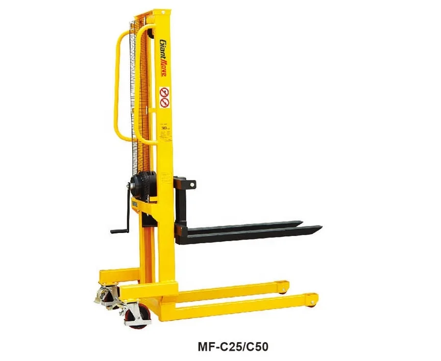 Good Quality MF-C Series Giant Move Capacity 120kg Mini Fork Lift Hand Winch Stacker Straddle Leg Manual Stacker