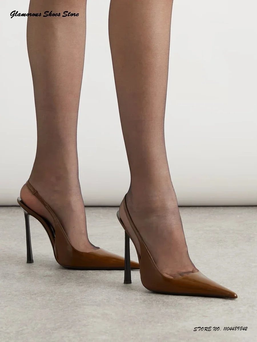 أنيقة براءات الاختراع والجلود Slingback مضخات المرأة أشار تو الكعوب رقيقة أحذية الحفلات 2025 الصيف موضة الضحلة سحب على الخناجر