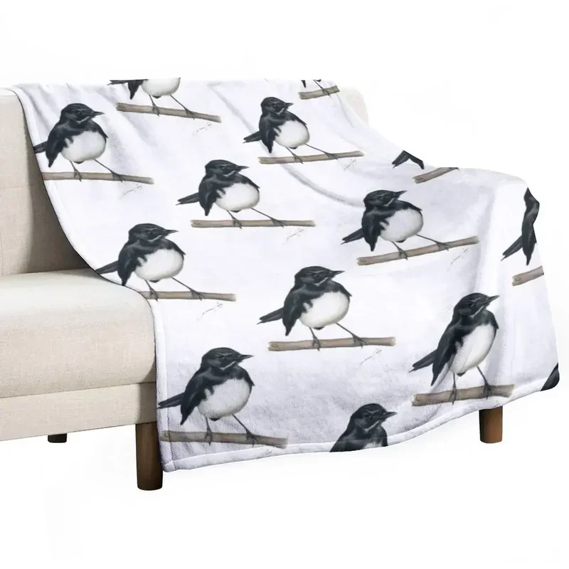 Willie Wagtail bird art with signature. Lovely little black and white bird gifts! Throw Blanket Weighted for sofa Large Blankets