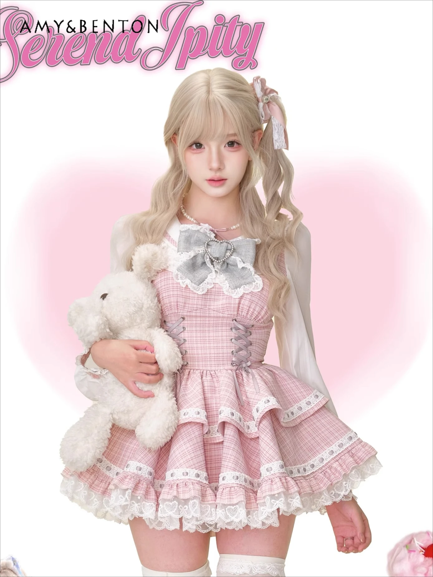 

Elegant Princess Birthday Dress for Women Sweet Doll Collar Pink Plaid Fake Two-piece Mini Dress + White Bubble Pants Outfits