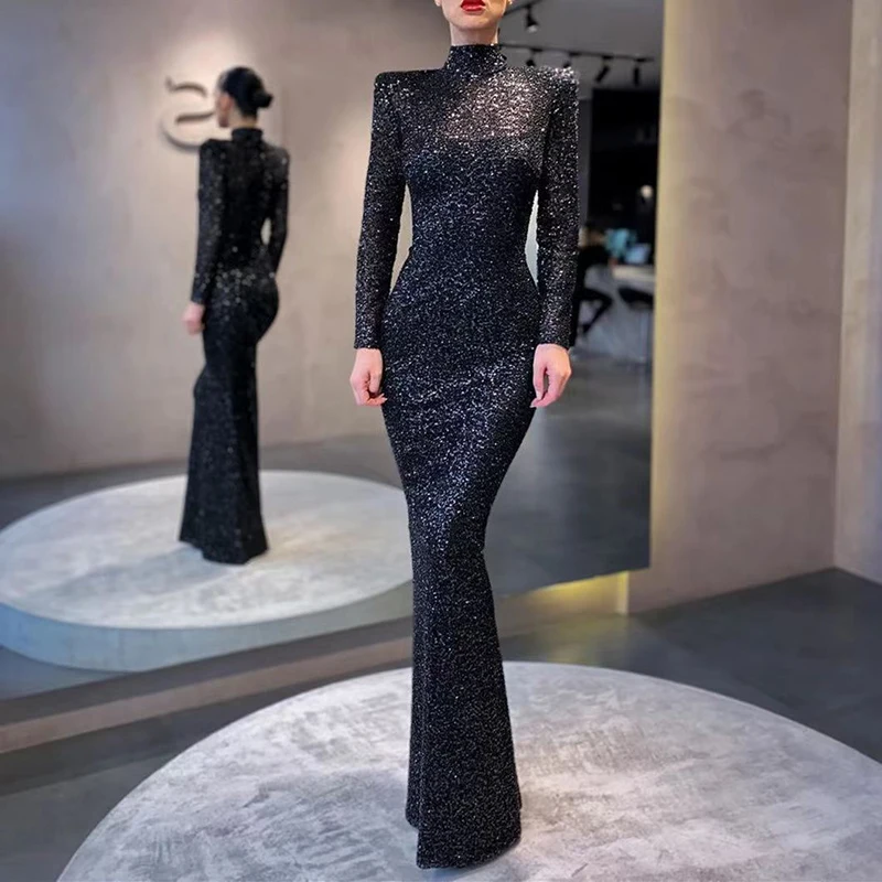 

Black sequins lace High collar Evening Dresses Long sleeves Tight fitting Prom Dresses Customized vestidos de gala