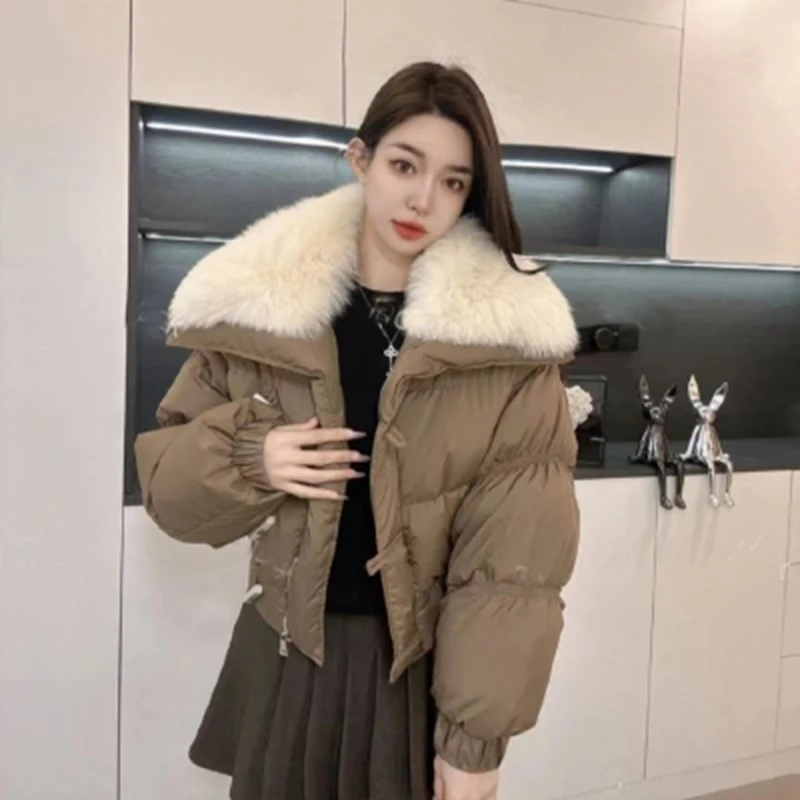 

Big Faux Fur Collar Parkas Coat Women Long Sleeve Thick Warm Cropped Jacket Toggle Button Loose Casual Fashion Korean Outwear