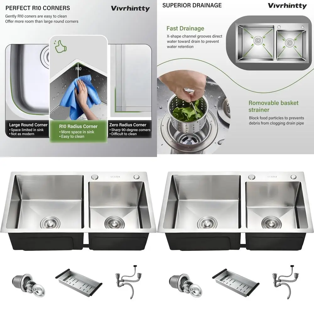 

Двойная встраиваемая мойка из нержавеющей стали с нанопокрытием, 30 см, с сливом и корзиной для фруктов