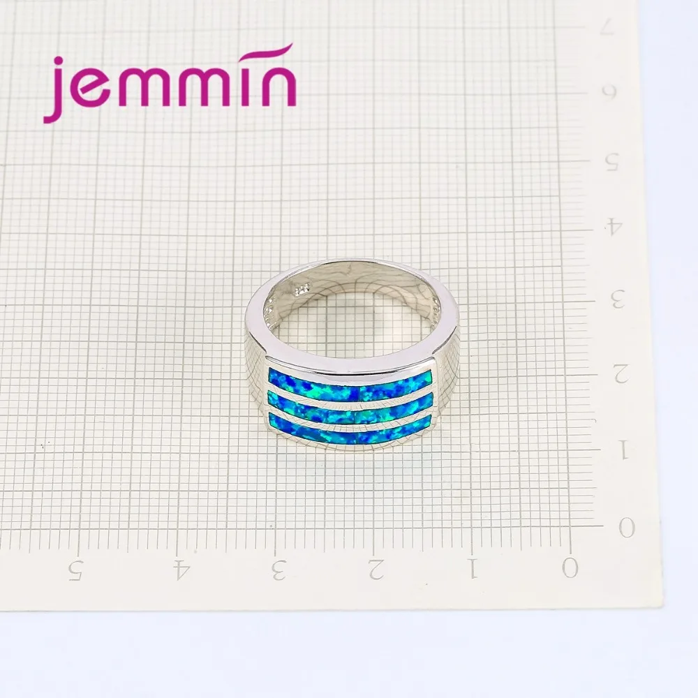 New Arrival Three Bars of Blue Opal Crystal 925 Sterling Silver Ring Rectangle Design Women Wide Band Bijoux