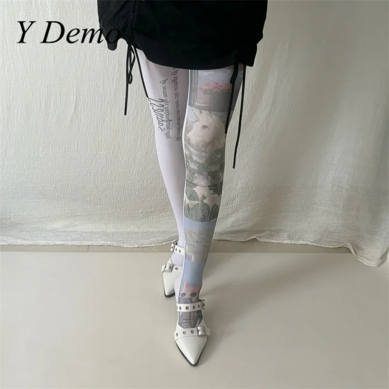 Y Demo Streetwear Y2k White Women's Thin Slim Tights Casual Dreamcore Printing Letters Stocking