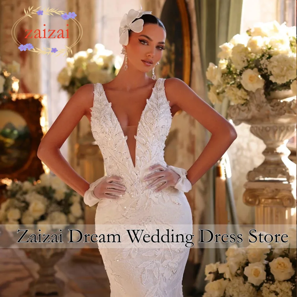 Customized Shoulder Straps Deep V-Neck Backless Beads Sequins Appliques Lace Mermaid Wedding Dresses Vestido De Noiva Sereia