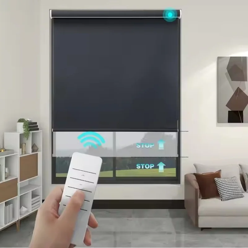 حار بيع 100٪ البوليستر طبقة مزدوجة ليلا ونهارا مع نظام تطبيق WI-FI APP ستائر التحكم عن بعد للنافذة #1