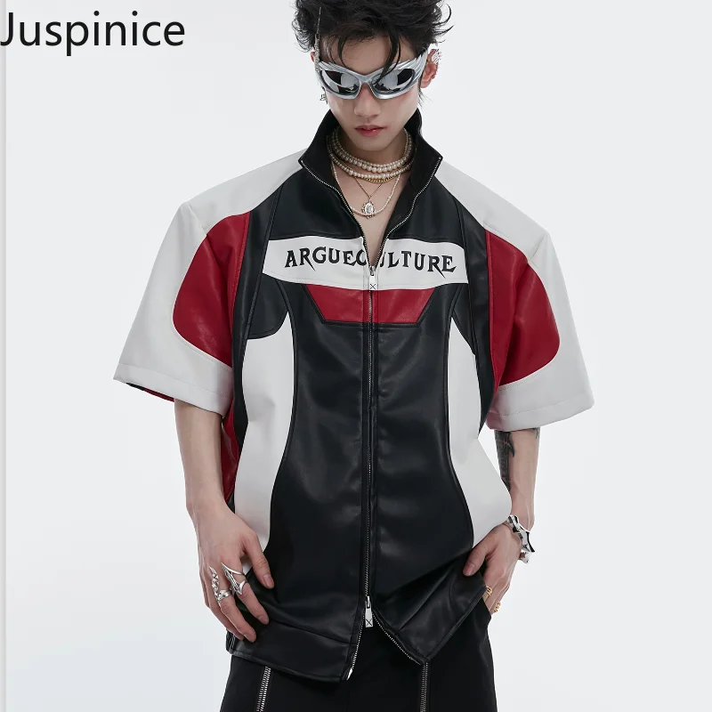 

Autumn Stand Collar Niche Contrast Color Short-sleeve T-Shirt Couple Motorcycle Loose Casual High Street Personalized T-Shirts