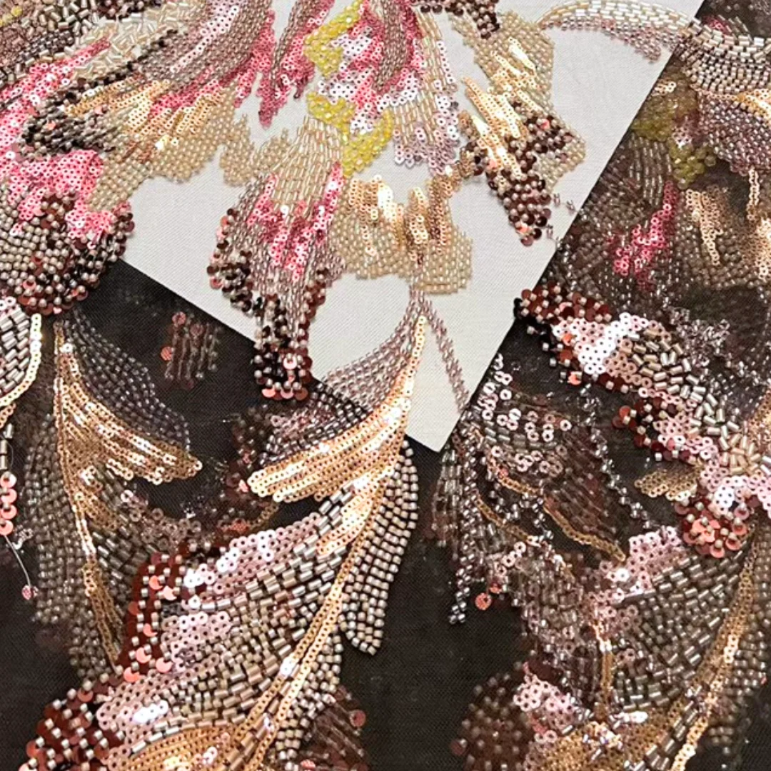 Exquisite Bouquet Floral Embroidery Polyester Mesh Lace Fabric Franch Sequins Beaded Net Mesh Material for Party Evening Dress