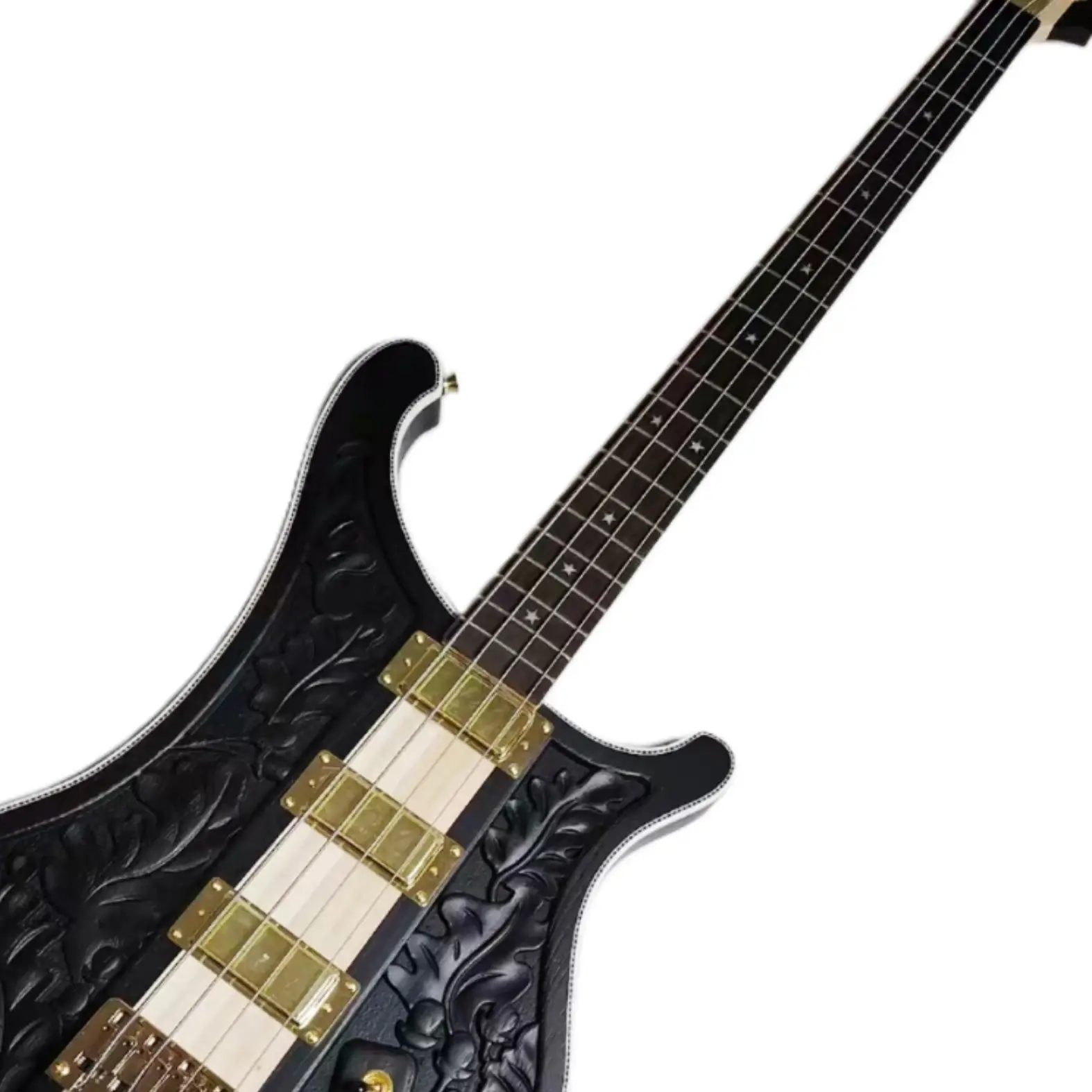 High quality black four-string bass with hand-carved pattern