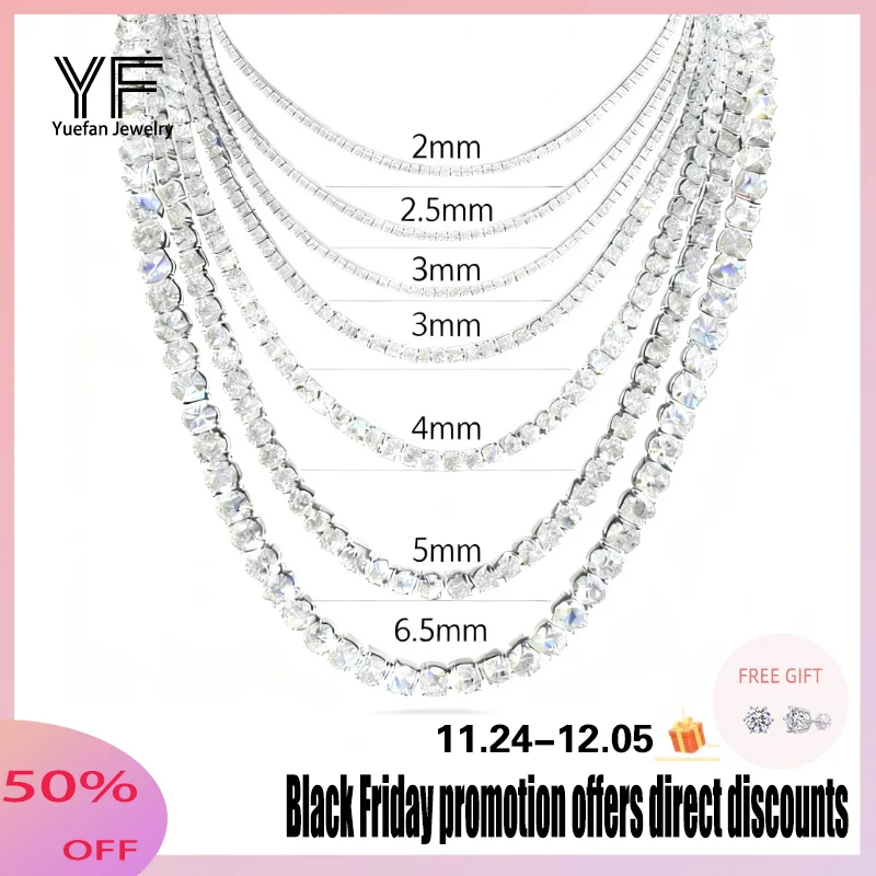 

S925 silver 2/3/4/5/6.5mm genuine moissanite tennis necklace plated with 18k gold D color VVS1 certified hip-hop trendy Fine