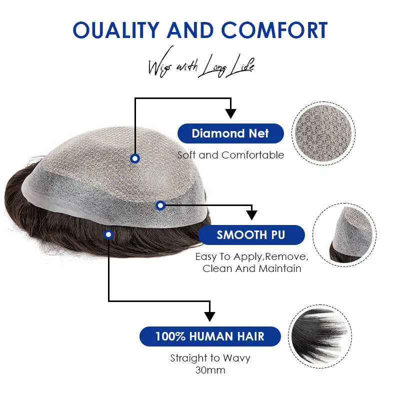 M Lace Base with Diamond Net with Injected PU Around 100% Natural Human Hair Prosthesis 6' Hair Replacement System Unit Men Wig